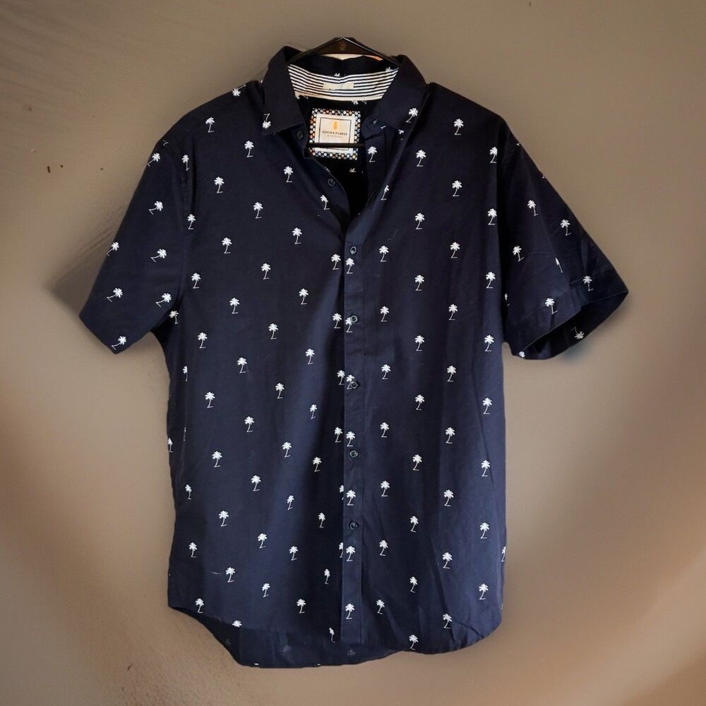 NWT Denim And Flower Mens Black Button Down Short Sleeve Shirt Palm Trees Size L